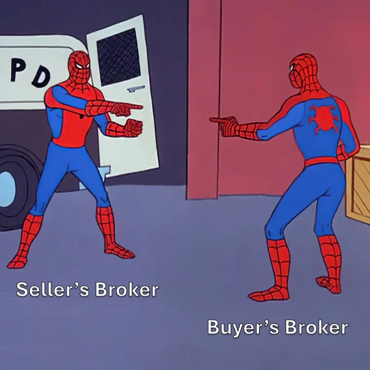 Spider-Man pointing meme with the two figures labelled 'Seller's Broker' and 'Buyer's Broker'