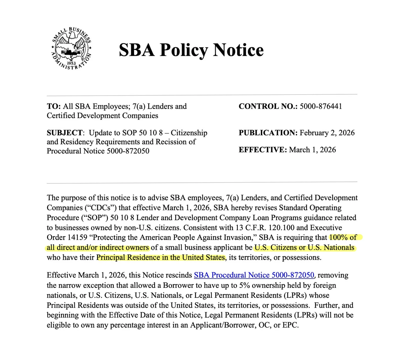 SBA Policy Notice 5000-876441, 'Update to SOP 50 10 8 - Citizenship and Residency Requirements', published 2 February 2026