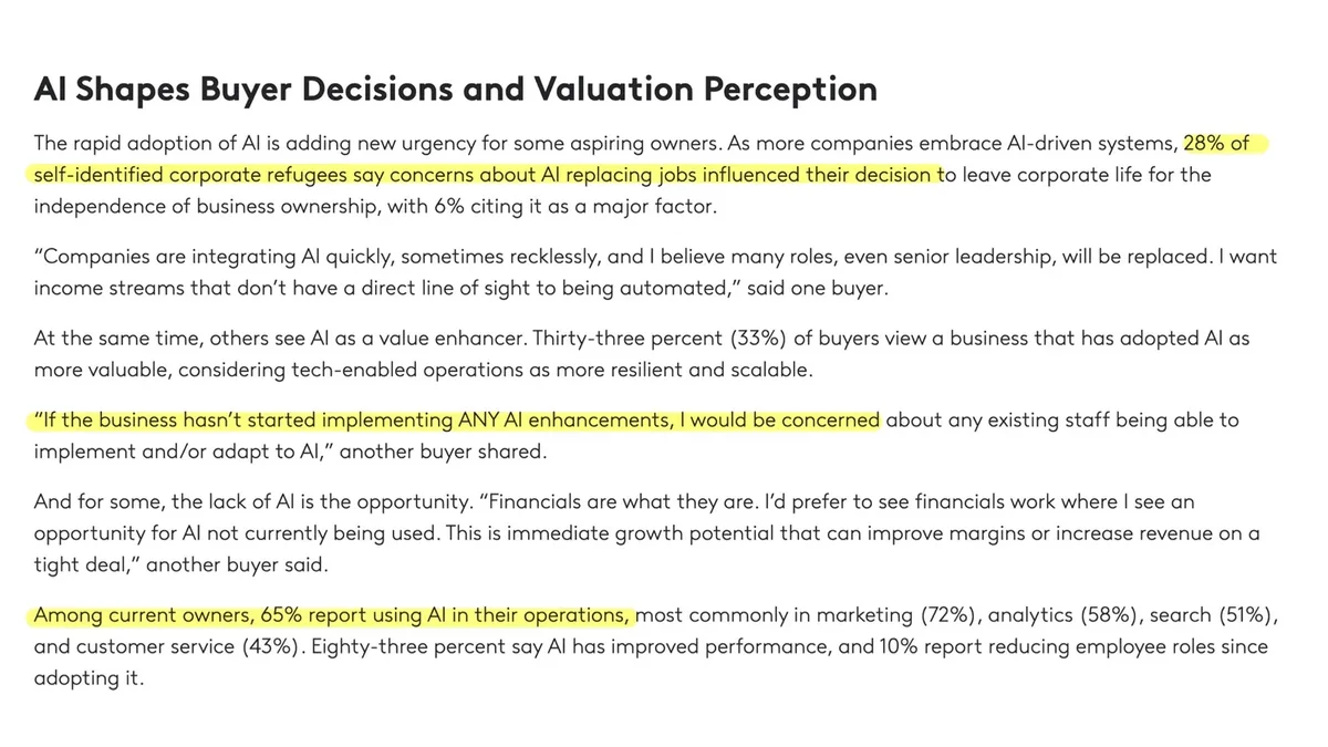 Excerpt from BizBuySell's 2025 Insight Report headed 'AI Shapes Buyer Decisions and Valuation Perception'