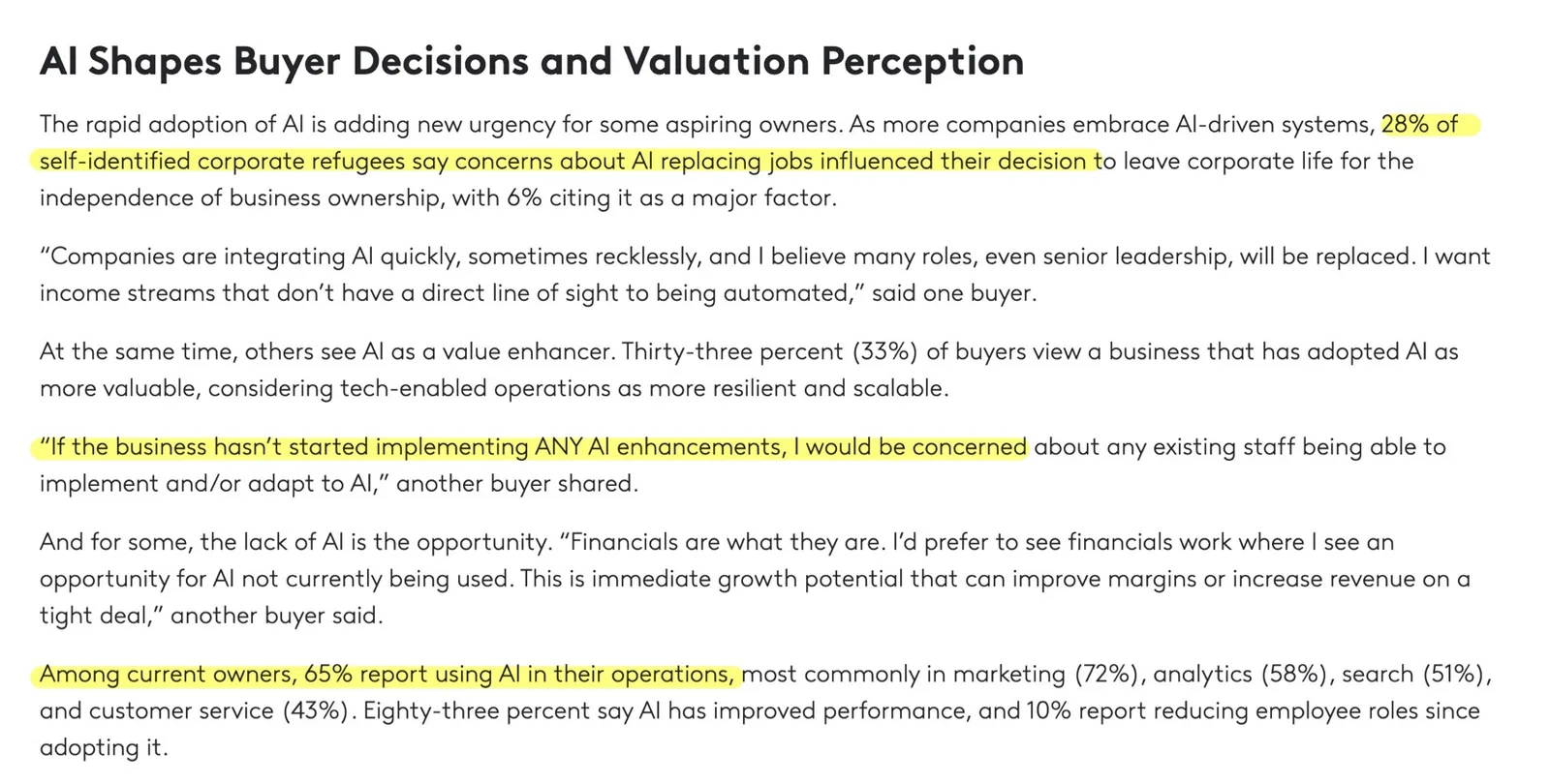 Excerpt from BizBuySell's 2025 Insight Report headed 'AI Shapes Buyer Decisions and Valuation Perception'