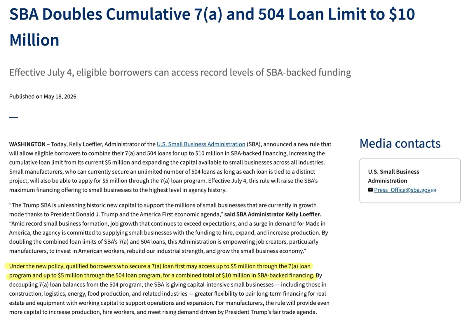 SBA press release headlined 'SBA Doubles Cumulative 7(a) and 504 Loan Limit to $10 Million', published 18 May 2026