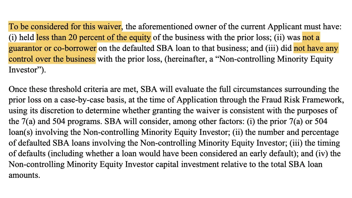 Excerpt from the SBA policy notice setting out the three threshold criteria for the Non-controlling Minority Equity Investor waiver