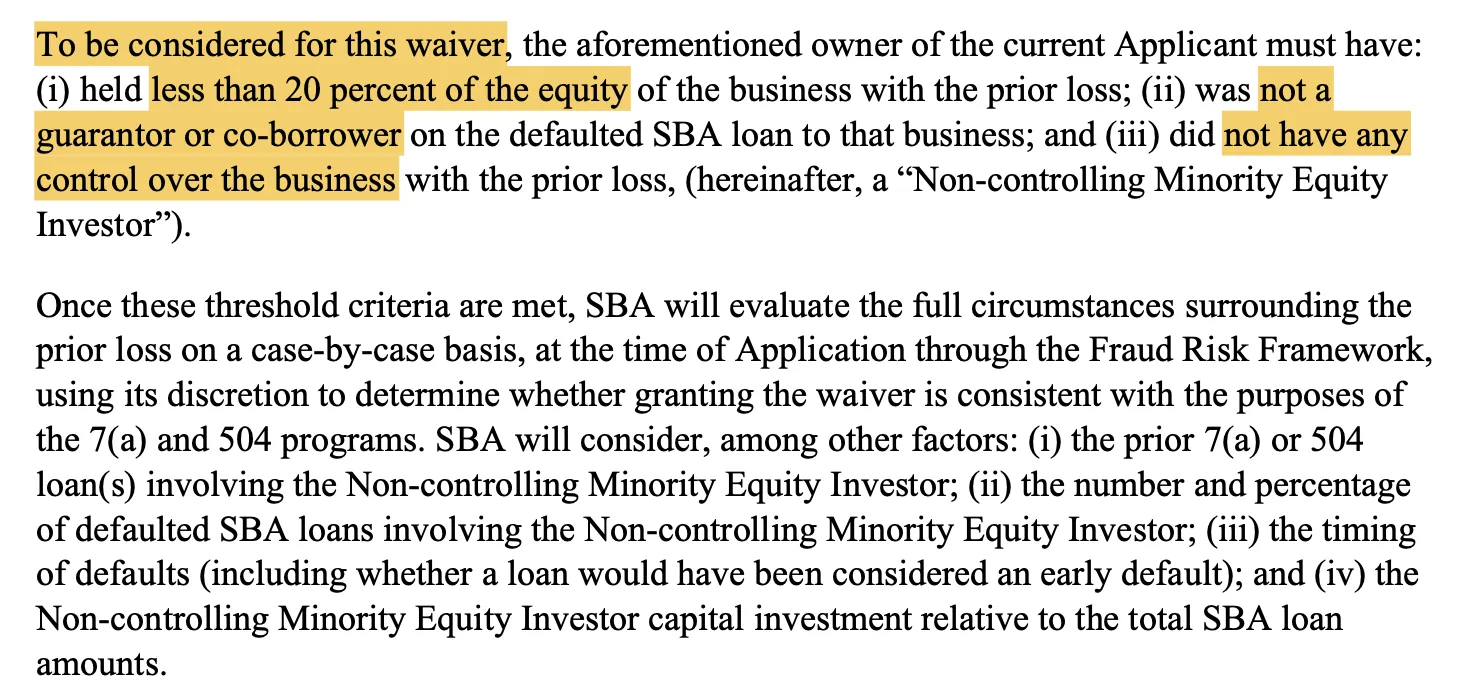 Excerpt from the SBA policy notice setting out the three threshold criteria for the Non-controlling Minority Equity Investor waiver