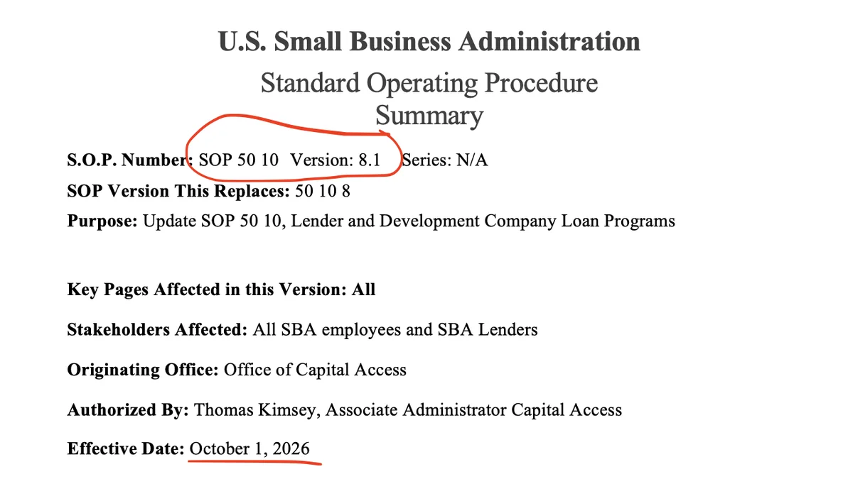 SBA Standard Operating Procedure summary page for SOP 50 10 version 8.1, replacing 50 10 8, with an effective date of October 1, 2026