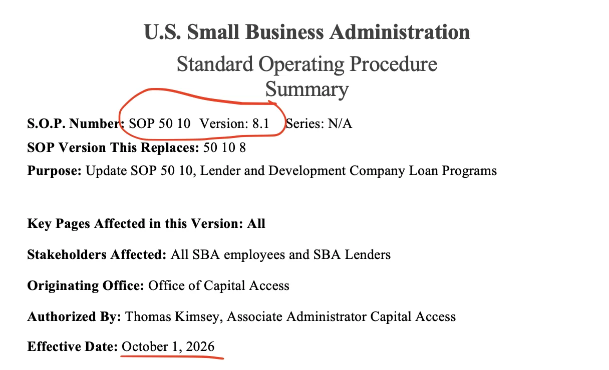 SBA Standard Operating Procedure summary page for SOP 50 10 version 8.1, replacing 50 10 8, with an effective date of October 1, 2026